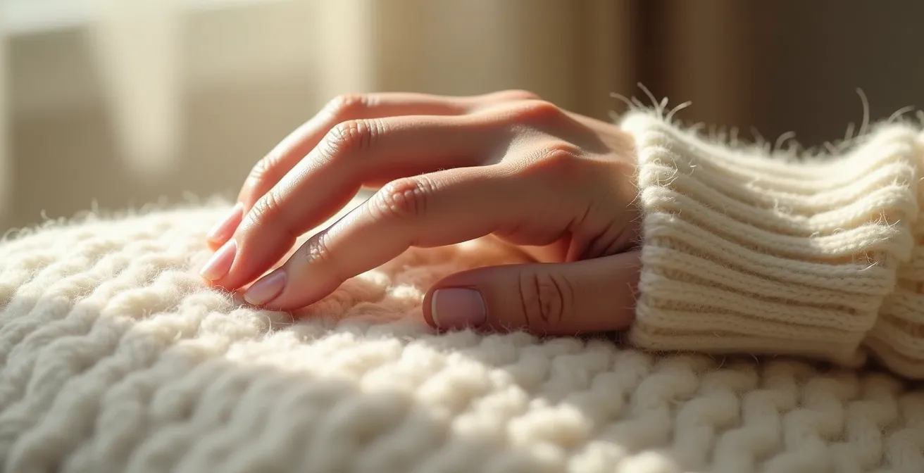 Main humaine touchant délicatement la surface d'un pull en mérinos