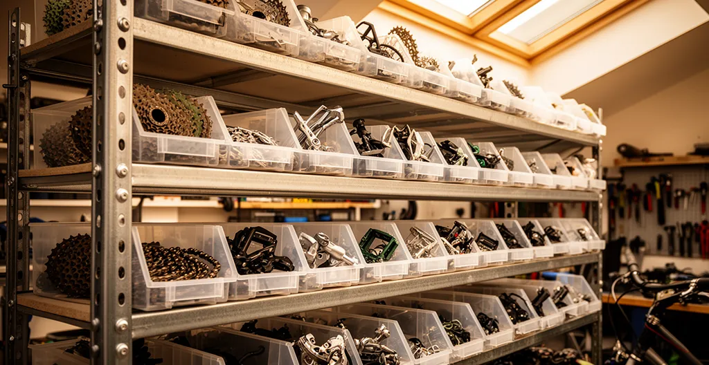 Étagère d'atelier avec pièces vélo rangées par catégorie
